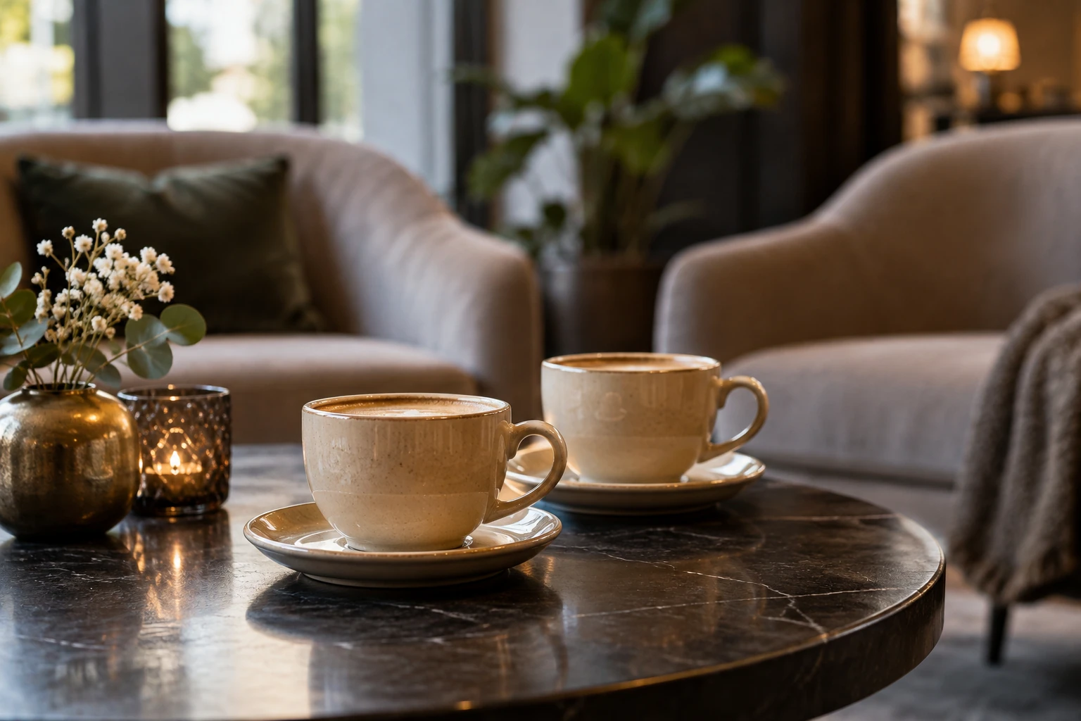 Twee kopjes koffie op marmeren tafel in gezellige woonkamersetting met banken