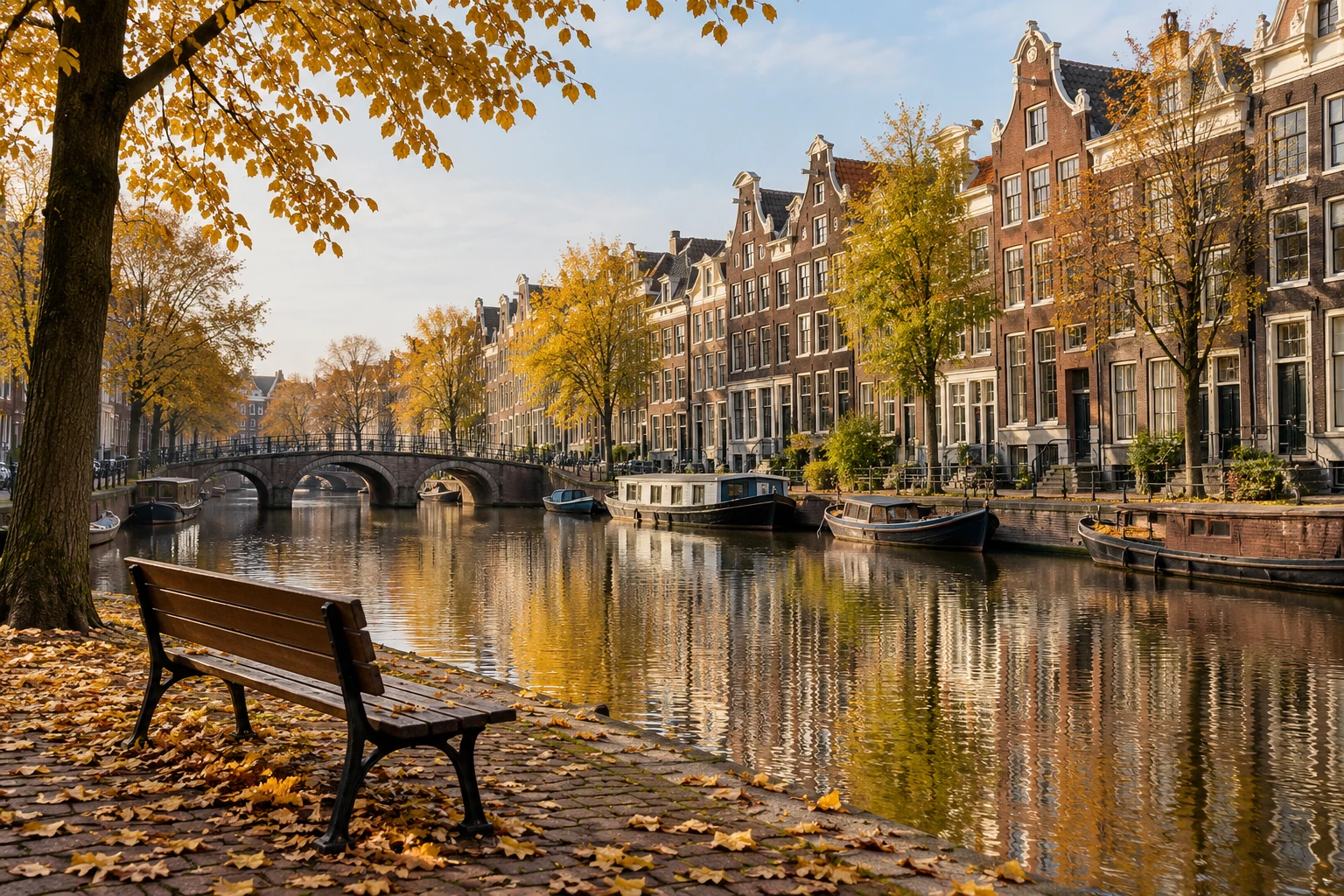 Bank langs herfstgracht met beschutte grachtenpandjes, boten en gele bladeren