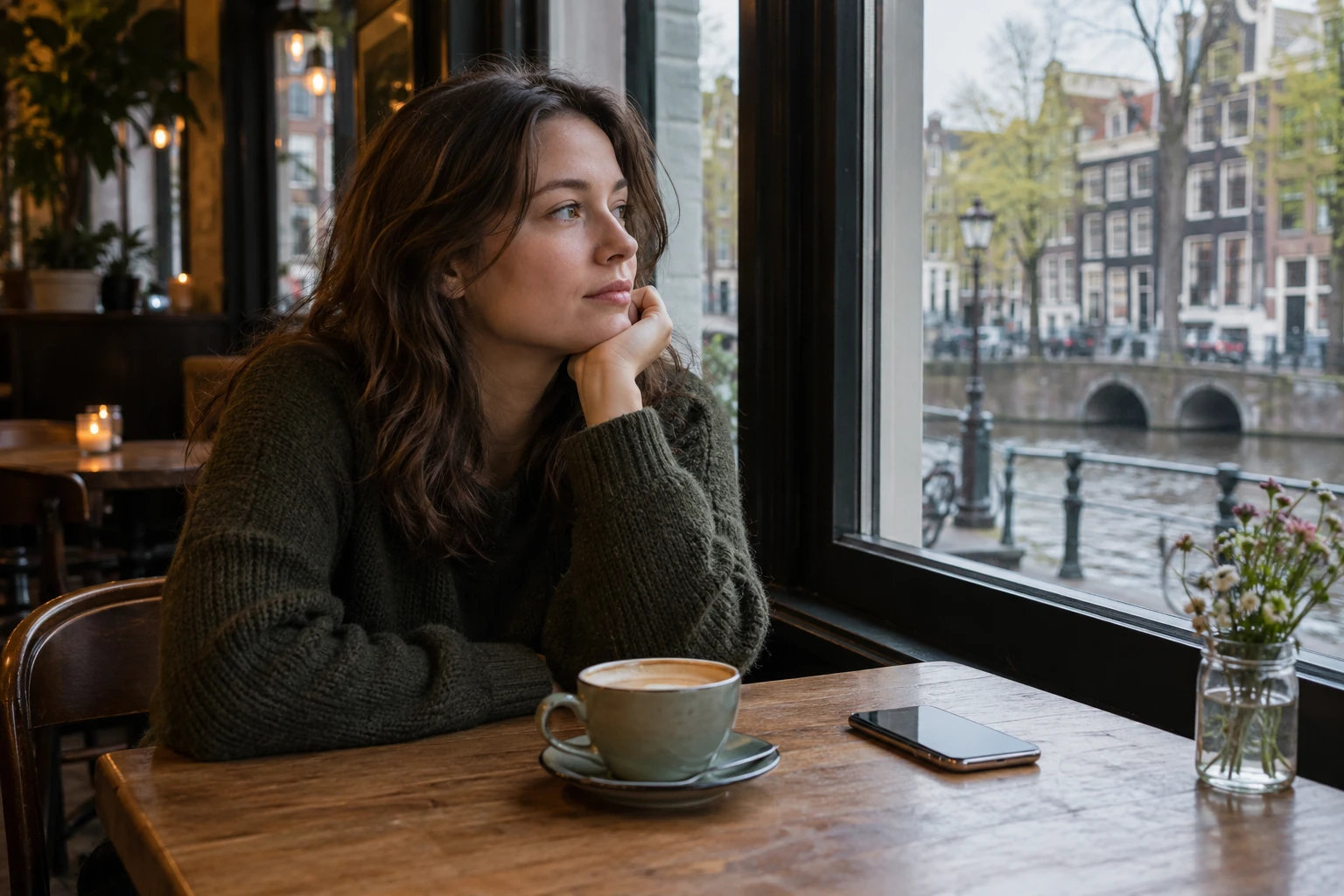 Vrouw in trui wacht peinzend bij raam, koffiekop en telefoon op tafel