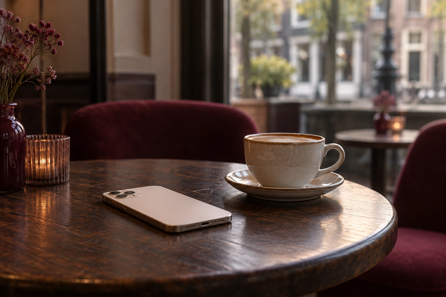 Smartphone en cappuccino op houten cafétafel bij raam, warme sfeerverlichting