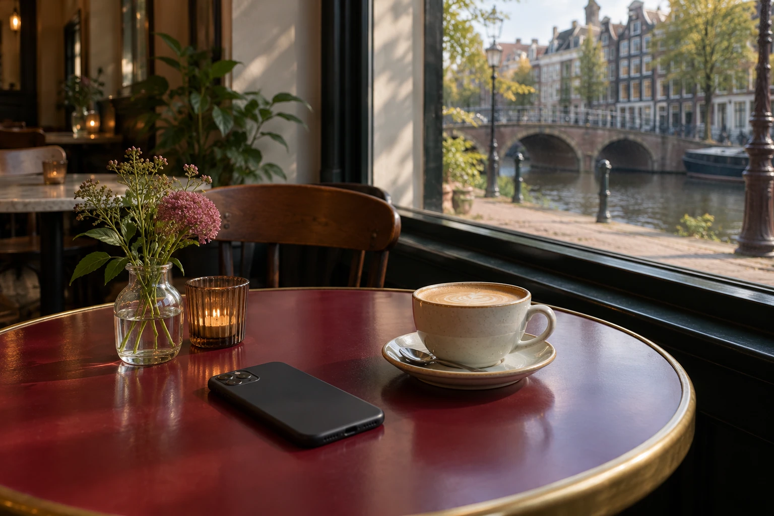 Bistrotafel met cappuccino, smartphone, klein vaasje bloemen en grachtzicht buiten
