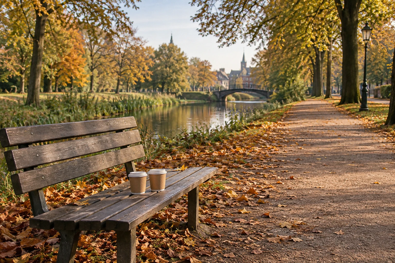 Bankje met twee koffie_to_go bekers naast pad langs gracht in herfstpark